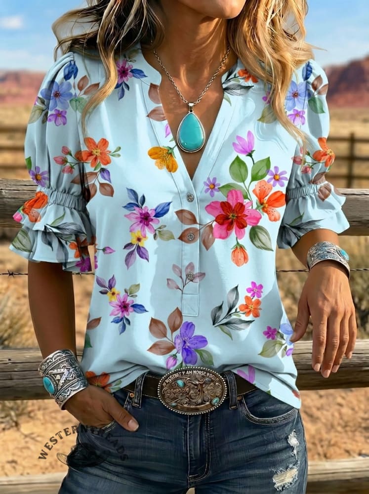 Women's Retro Floral Art Puff Sleeve Casual Shirt
