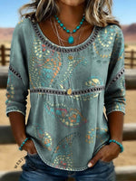 Women's Vintage Print Casual 3/4 Sleeves Hollow Denim Shirt