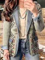 Aztec Print Patchwork Denim Sweater
