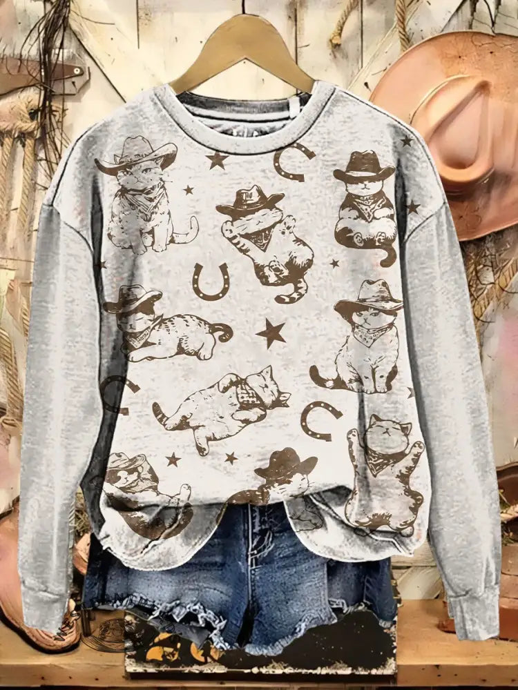 Retro Western Cat Print Casual Cotton Sweatshirt