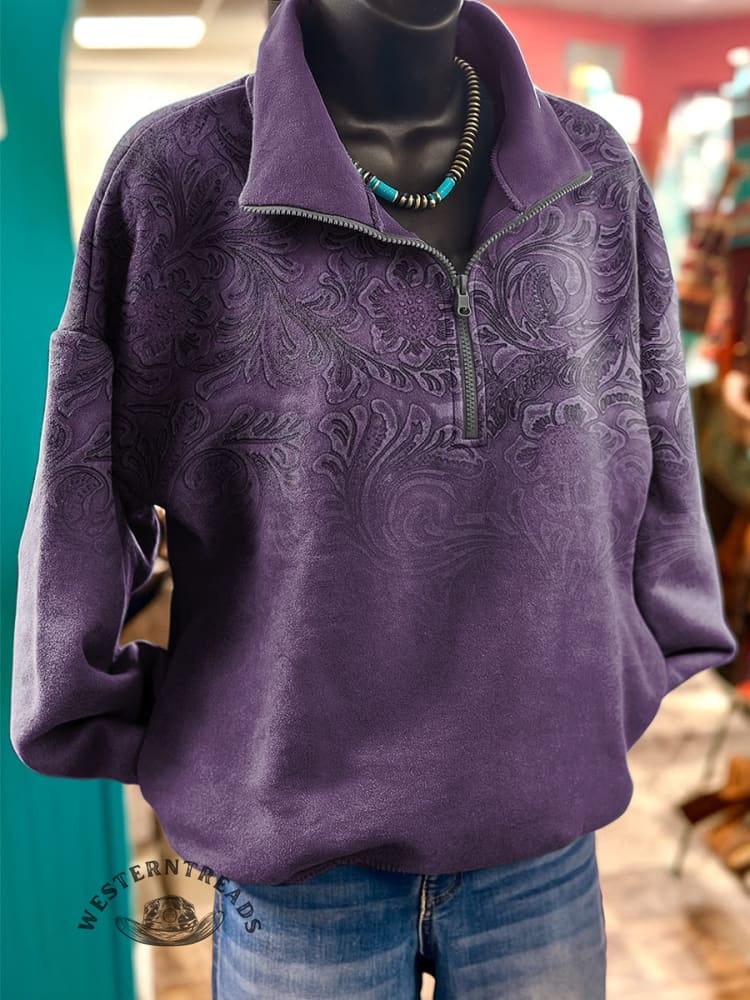 Floral Pattern Art Print Casual Long-Sleeve Zipper Pullover Sweatshirt