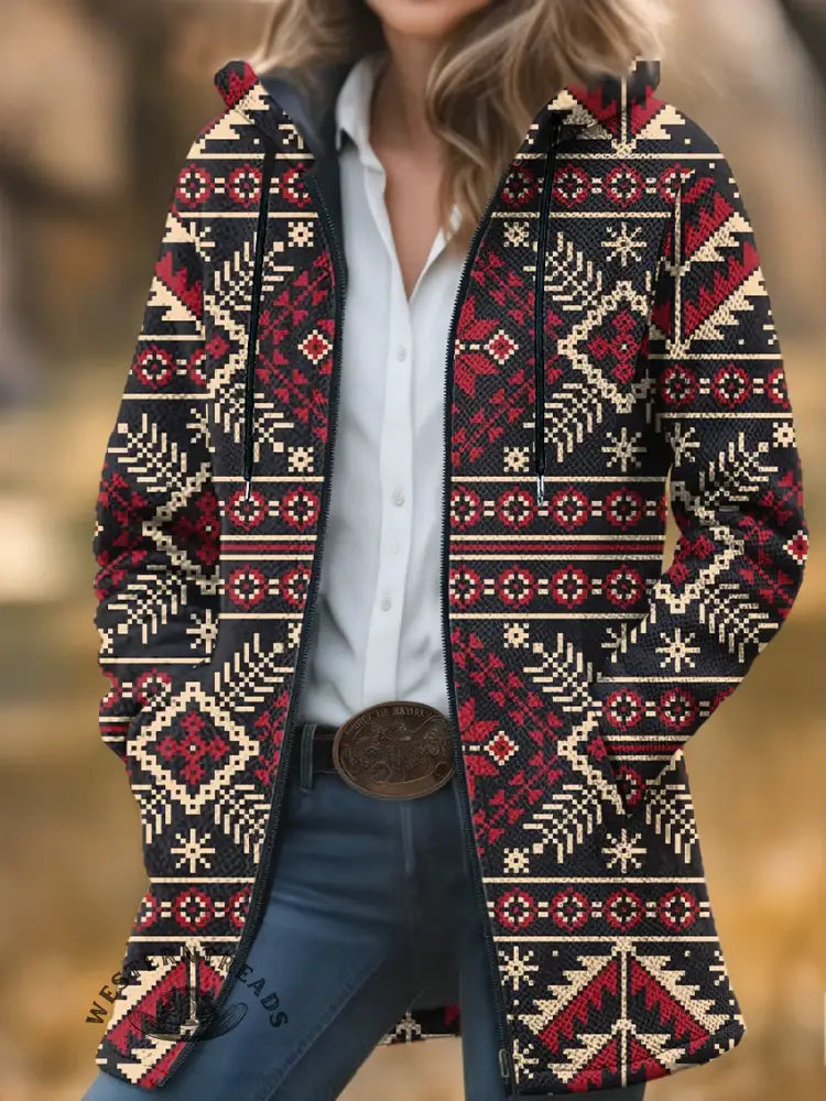 Aztec Print Unisex Plush Thick Long-Sleeved Cardigan Coat