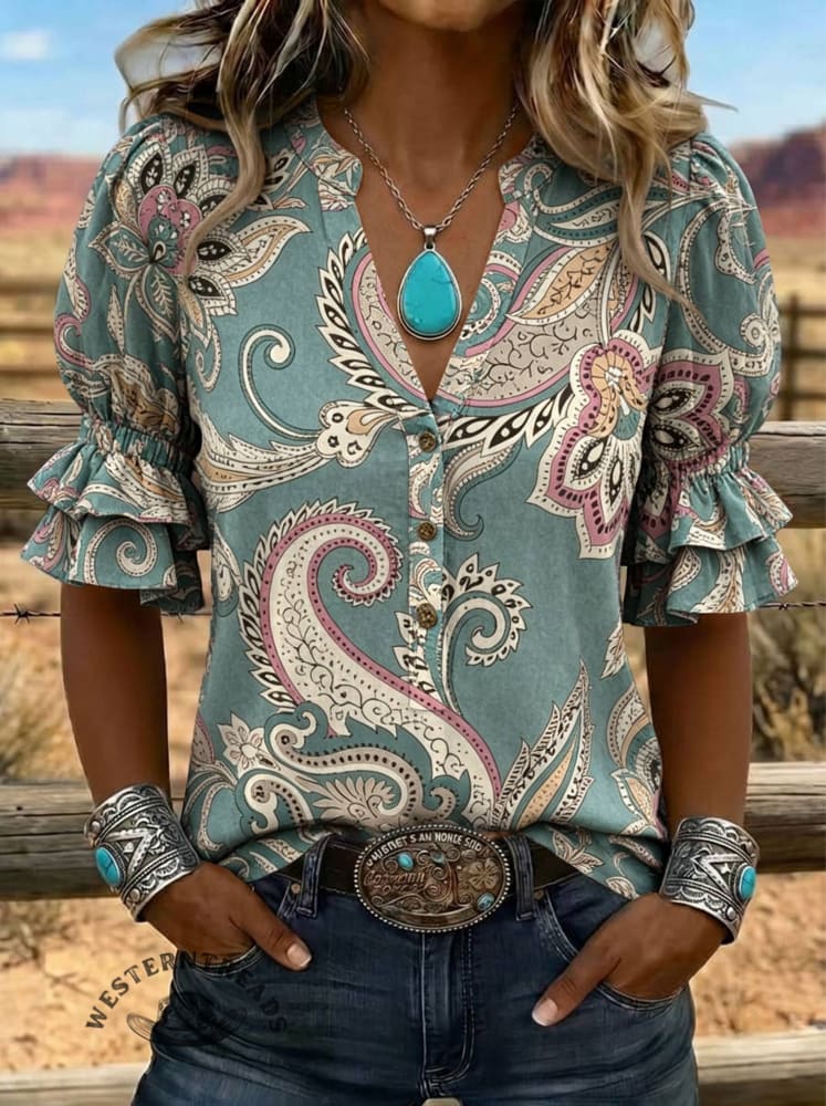 Women's Paisley Print Puff Sleeve Casual Shirt
