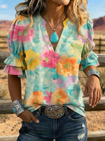 Women's Retro Floral Art Puff Sleeve Casual Shirt