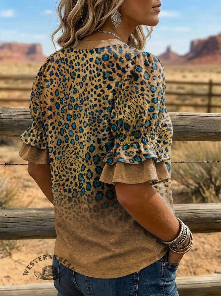 Women's Leopard Print Puff Sleeve Casual Shirt