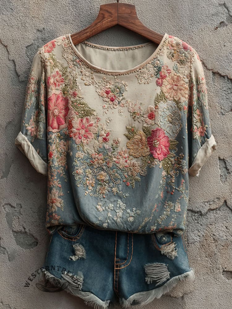 Ethnic Flowers Art Print Casual Short Sleeve T-shirt