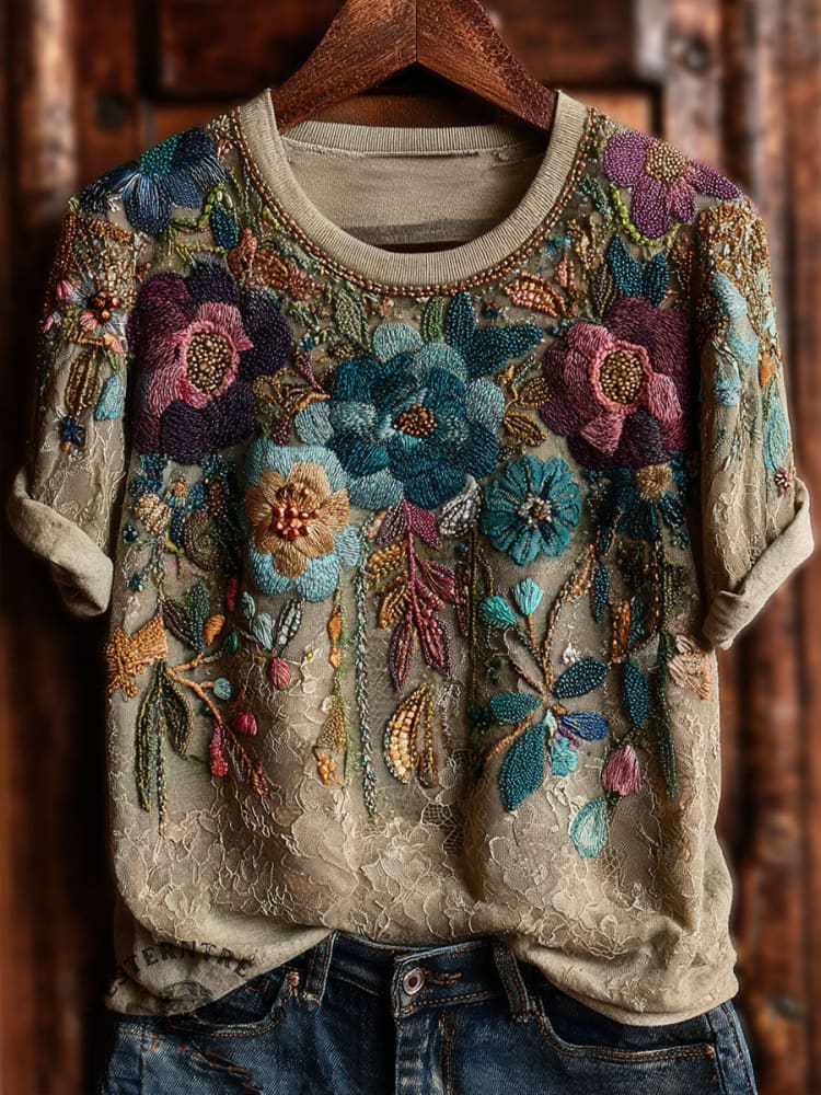 Ethnic Flowers Art Print Casual Short Sleeve T-shirt
