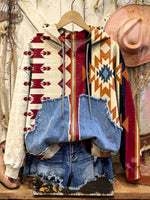 Retro Print Casual Cotton Patchwork Hooded Zip-up Sweatshirt