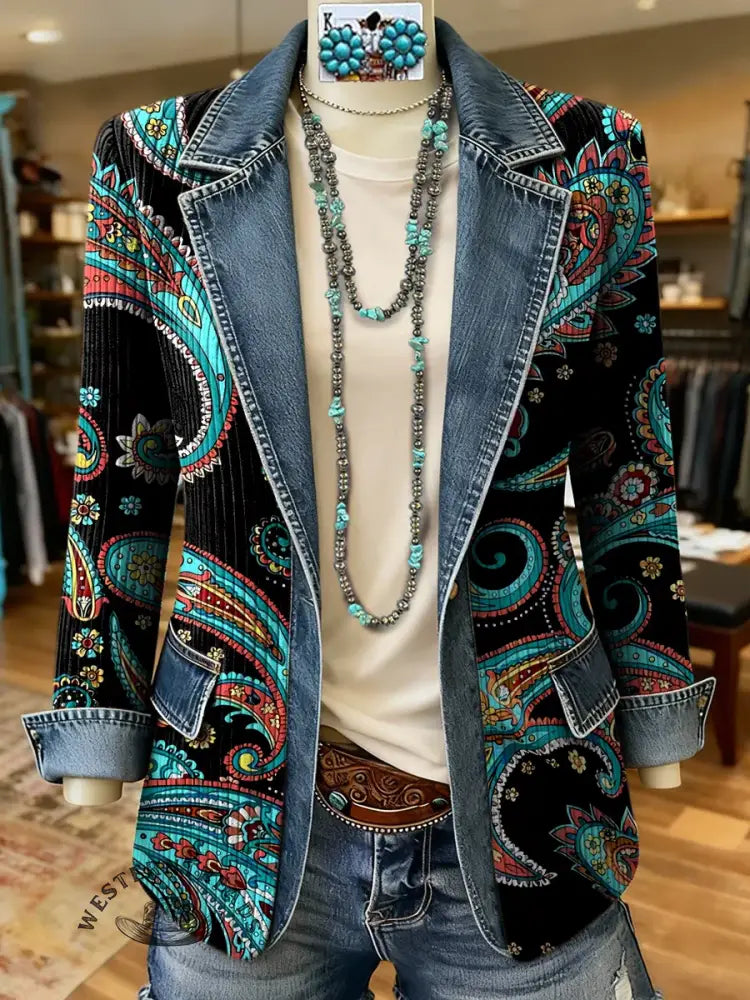 Turquoise Boho Floral Pattern Print Patchwork Denim Sweater Cardigan Coat