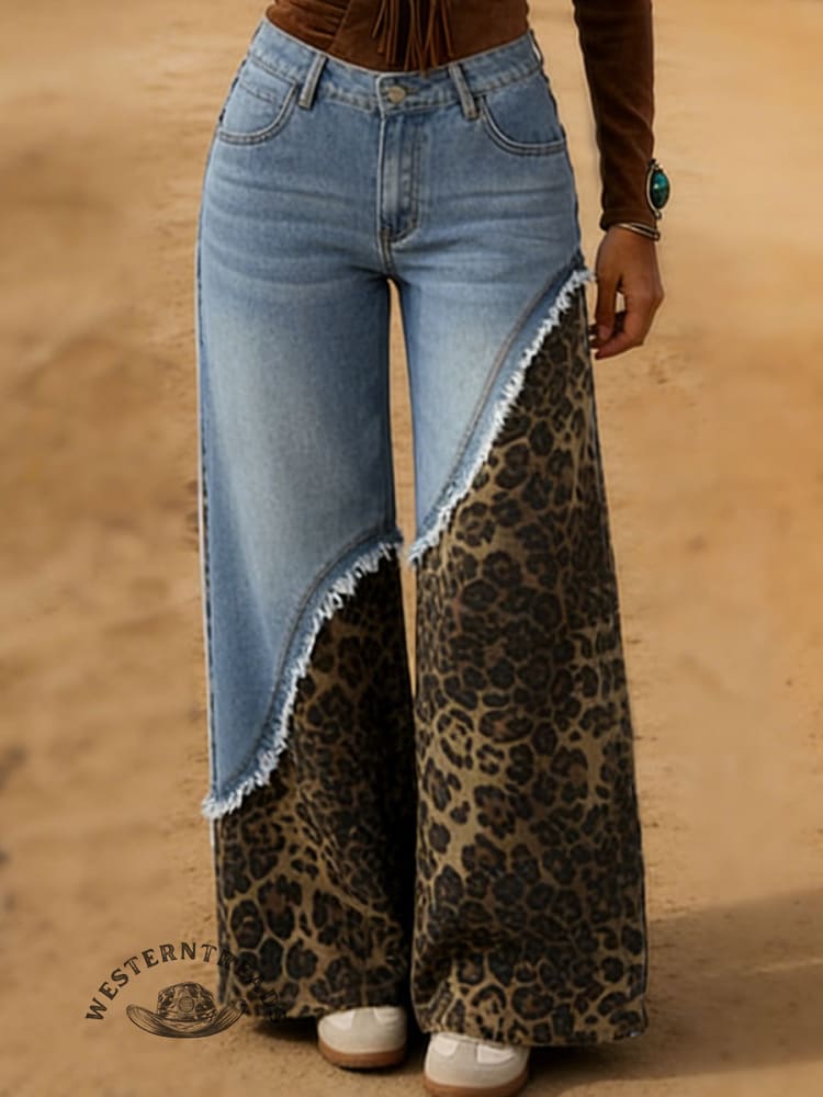 Women's Leopard Print Casual Denim Patchwork Pants