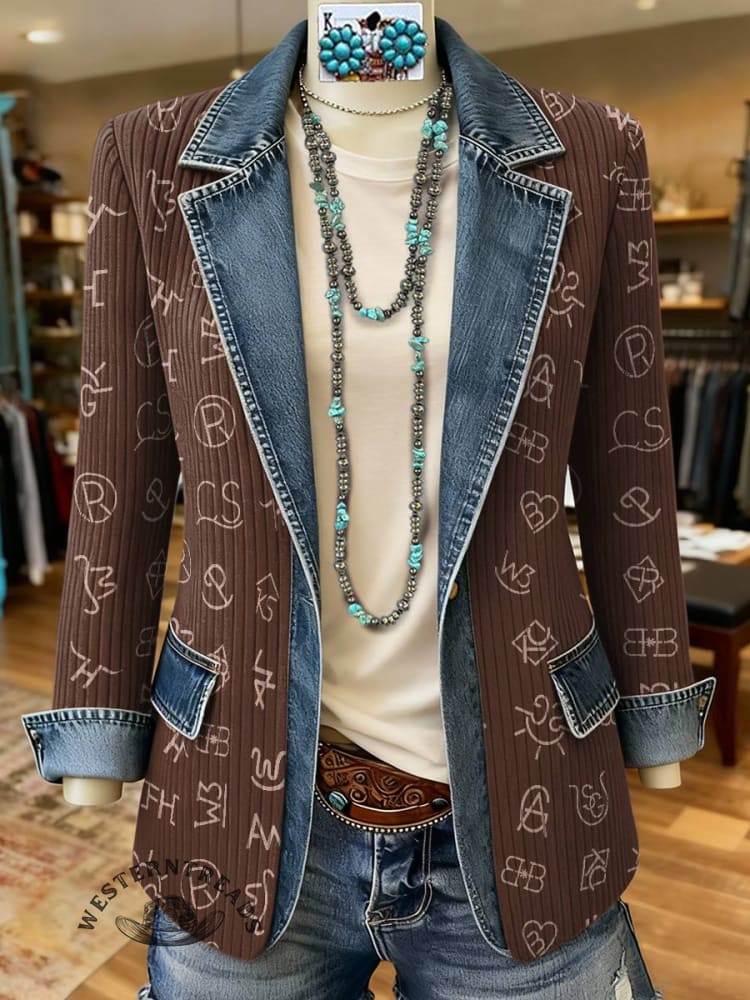 Cattle Brand Print Patchwork Denim Sweater