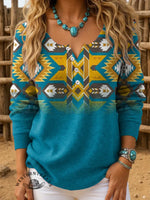 Women's Retro Aztec Art Print Henley Neck Sweater Top