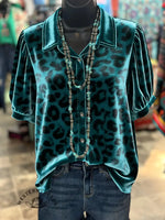 Women's Leopard Print Short Sleeve Velvet Shirt
