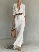 Long Sleeve Half Button Turndown Collar Ruched Belt Maxi Dresses