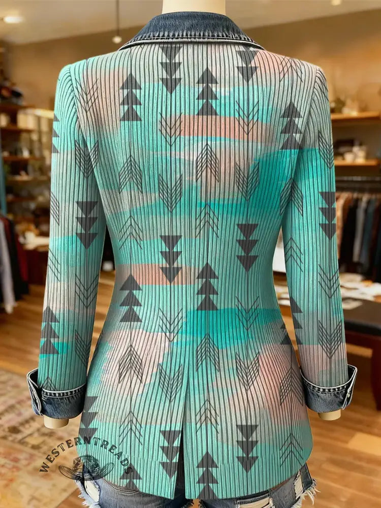 Ethnic Art Print Patchwork Denim Sweater Cardigan Coat