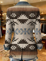 Aztec Art Print Patchwork Denim Sweater Cardigan Coat