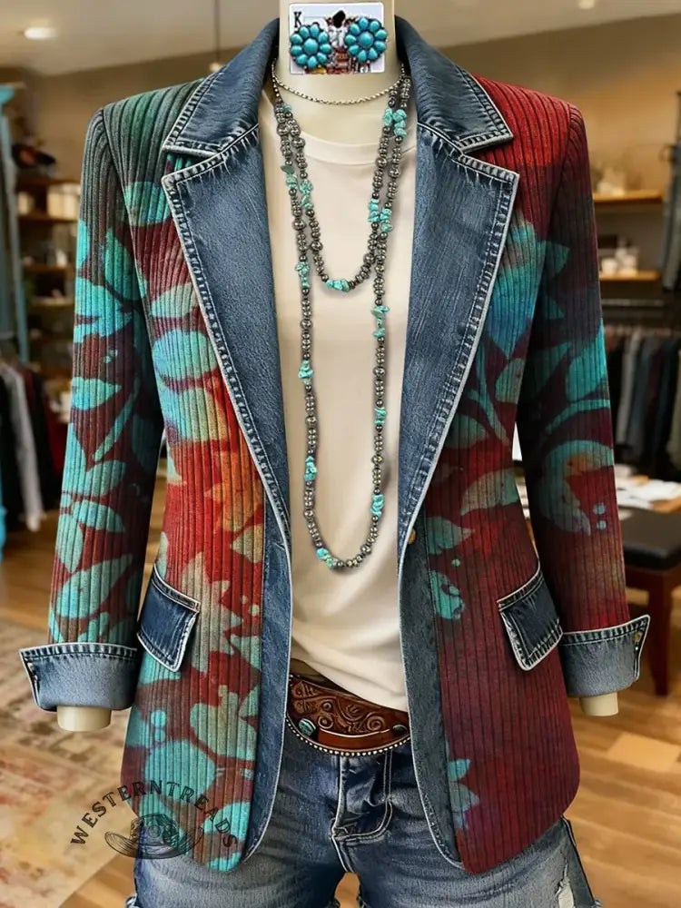 Art Print Patchwork Denim Sweater Cardigan Coat
