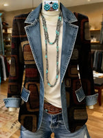 Retro Geometric Art Print Patchwork Denim Sweater Cardigan Coat