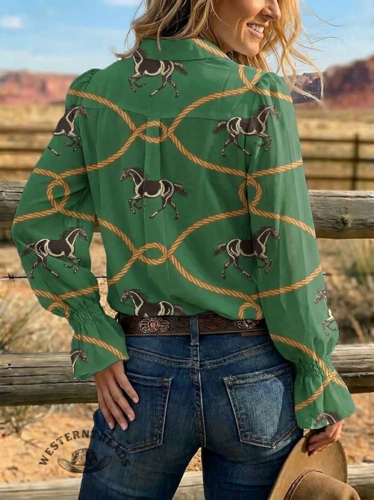 Women's Retro Western Art Ruffles Sleeve Casual Shirt