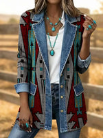 Retro Southwestern Art Print Patchwork Denim Sweater Cardigan Coat