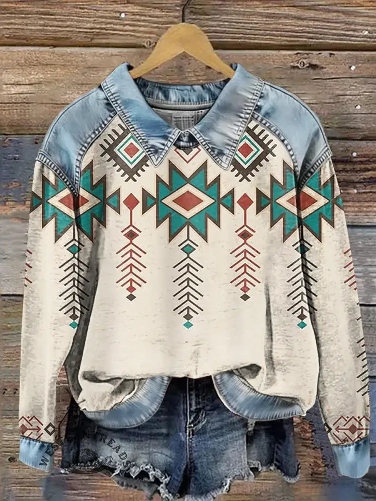 Retro Aztec Print Patchwork Denim Sweatshirt