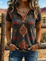 Vintage Art Print Western Henley Neck T-shirt