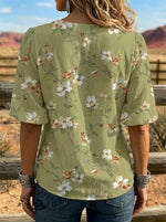 Women's Retro Floral Art Puff Sleeve Casual Shirt