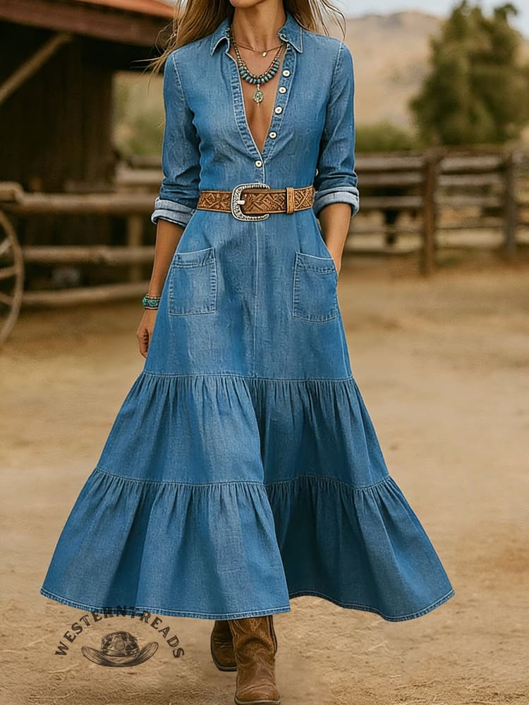 Retro Women's Long Ruffle Denim Dress