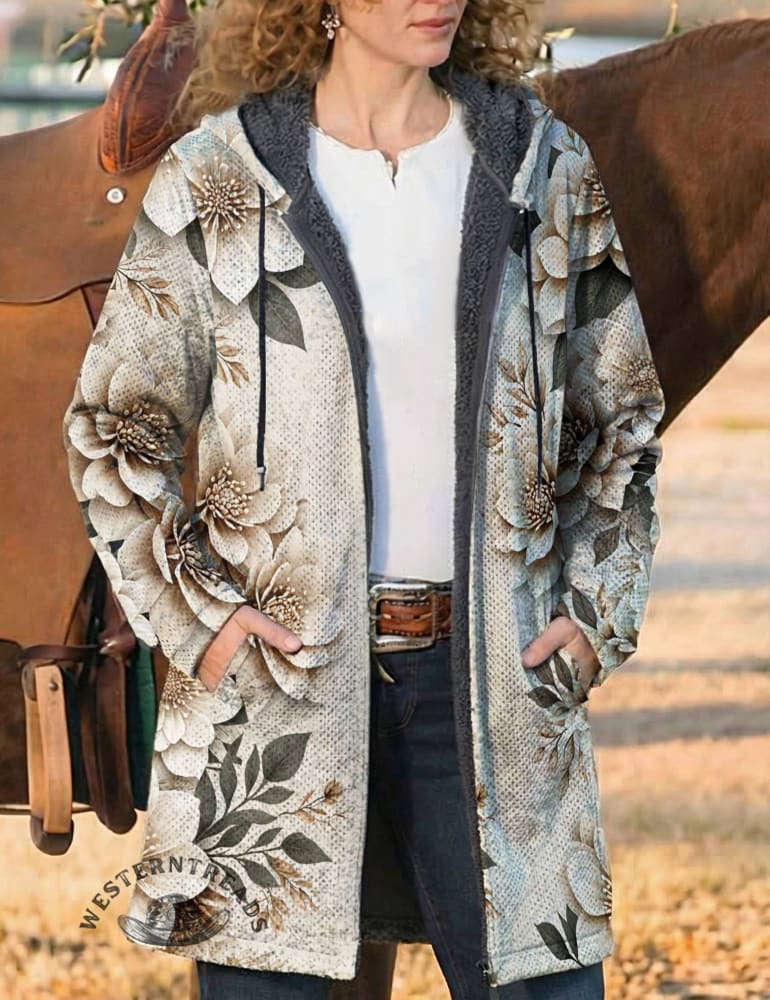 Floral Print Unisex Plush Thick Long-sleeved Cardigan Coat