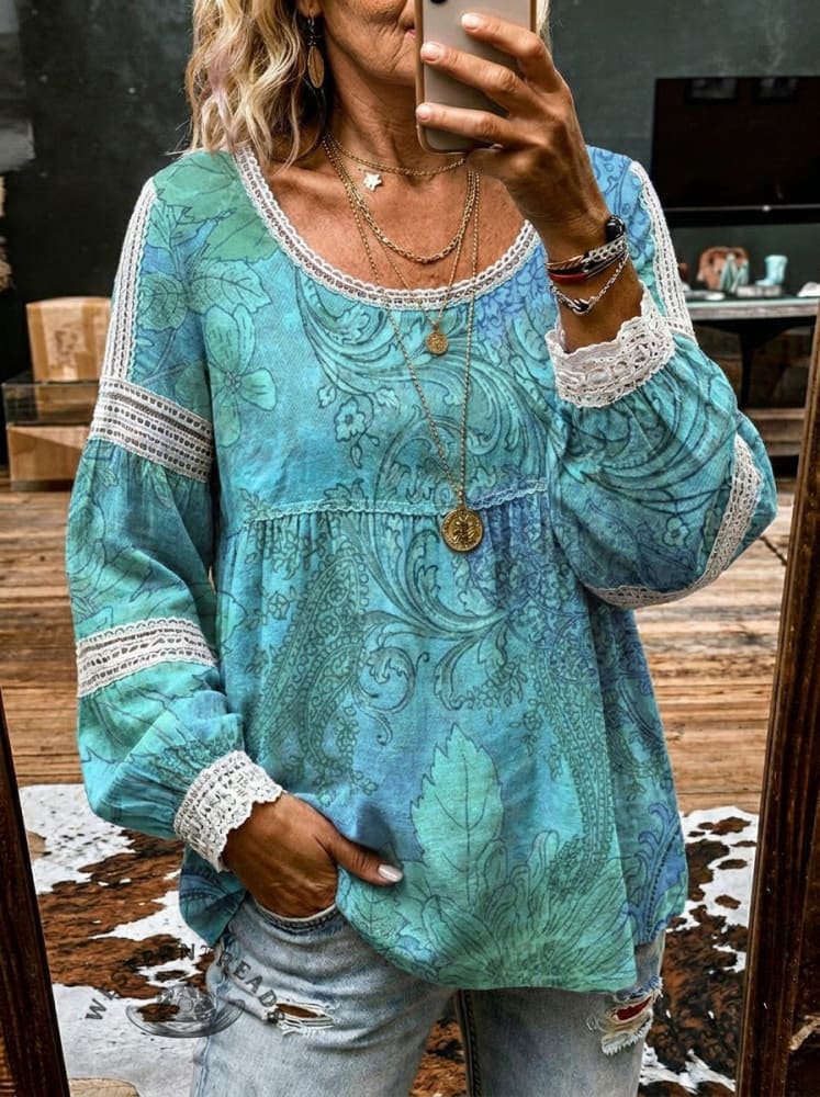 Women's Retro Floral Print Casual Lace Patchwork Shirt