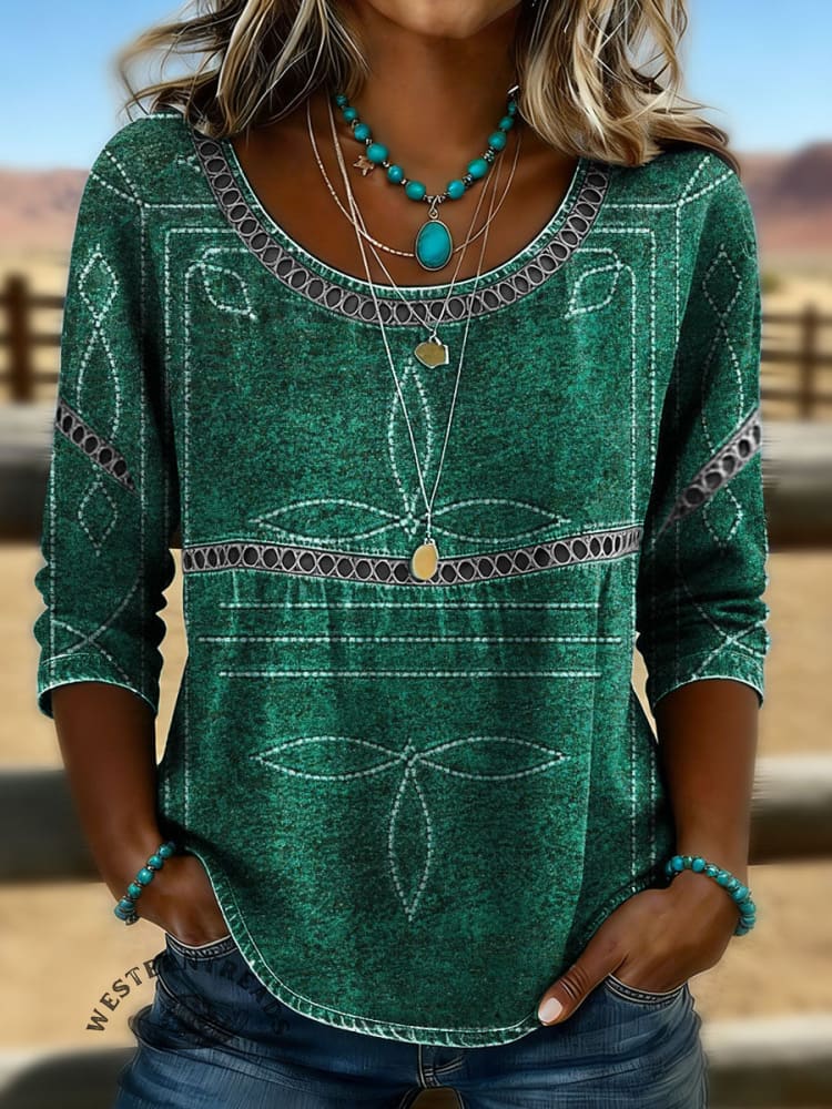 Women's Vintage Western Art Print Casual 3/4 Sleeves Hollow Denim Shirt