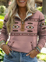 Aztec Print Casual Half-zip Cotton Sweatshirt