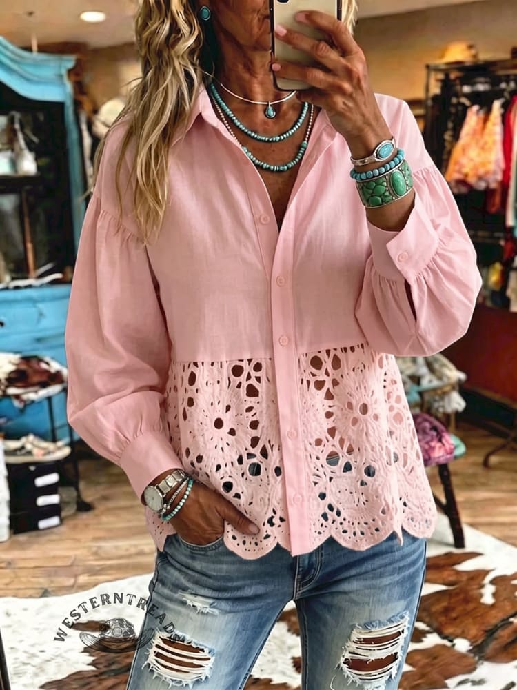 Women's Vintage Art Print Shirt Collar Lace Casual Shirt
