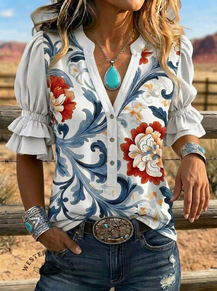 Women's Retro Floral Art Puff Sleeve Casual Shirt
