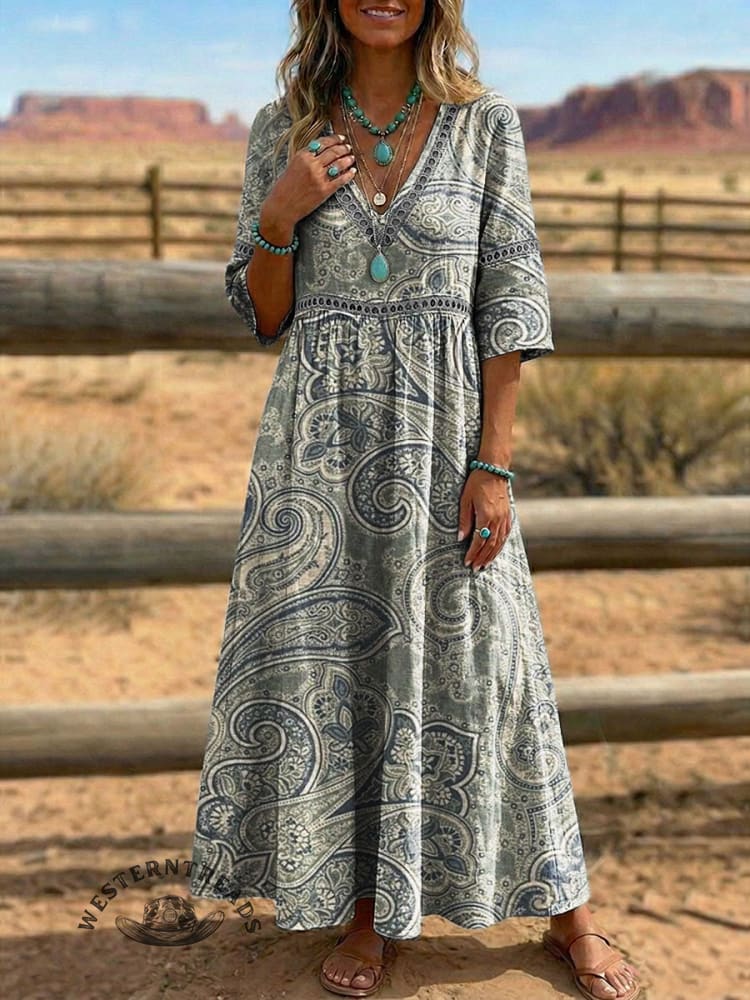 Women's Vintage Paisley Print V-neck Hollow 3/4 Sleeve Dress