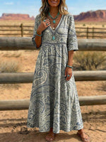 Women's Vintage Paisley Print V-neck Hollow 3/4 Sleeve Dress