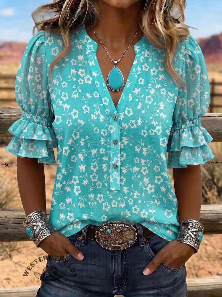 Vintage Art Print Comfortable Summer Fabrics Puff Sleeve Casual Shirt