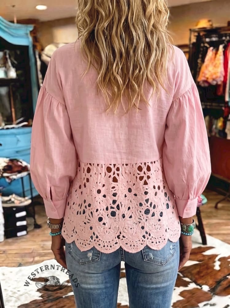 Women's Vintage Art Print Shirt Collar Lace Casual Shirt