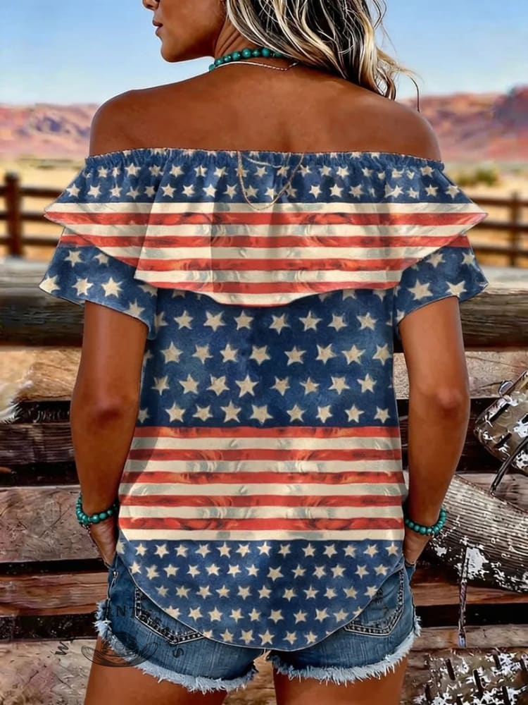 Women's Vintage US Independence Day Flowers Print Elastic Off-Shoulder Double-Layer Casual Shirt