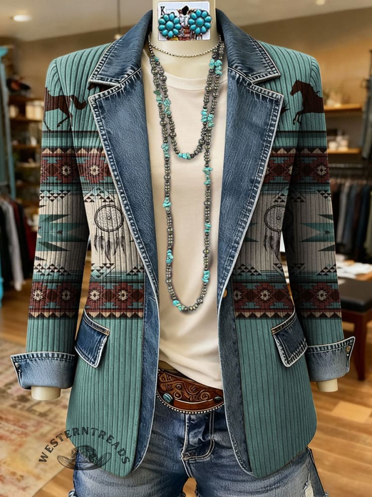 Retro Horse Aztec Print Patchwork Denim Sweater Cardigan Coat