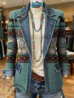 Retro Horse Aztec Print Patchwork Denim Sweater Cardigan Coat