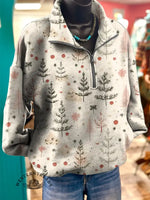 Retro Christmas Print Casual Long Sleeve Zip Sweatshirt