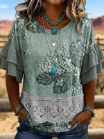 Retro Hollow-Out Lace & Ruffle-Trim Short Sleeve Spliced T-Shirt