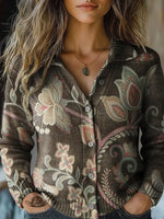 Vintage Flowers Printed Casual Long Sleeve Lapel Sweater
