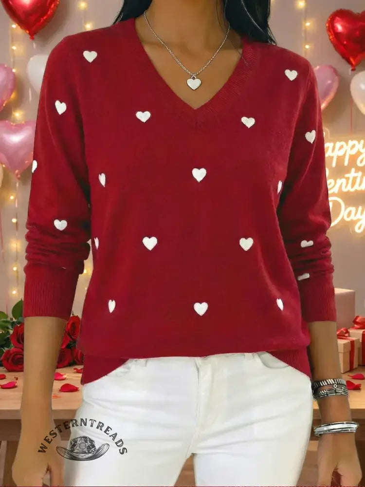 Women's Valentine's Day Heart Jacquard V-neck Long-sleeved Knit Sweater