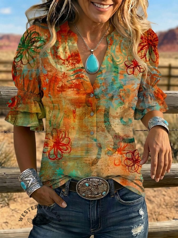 Women's Retro Floral Art Puff Sleeve Casual Shirt