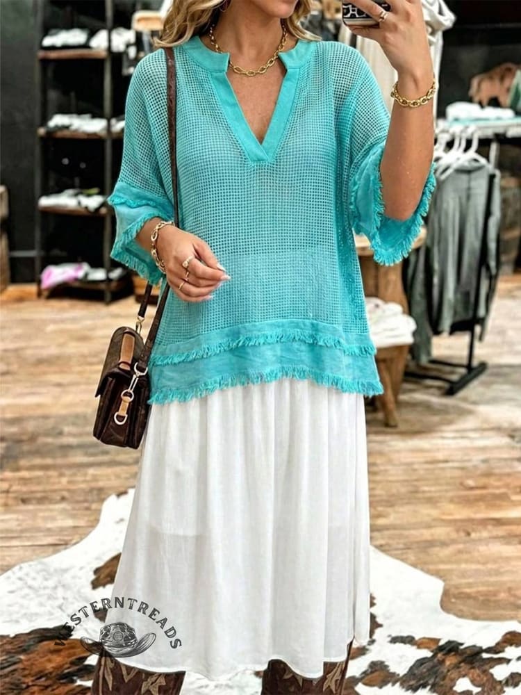 Turquoise Mesh Knit V-neck Top