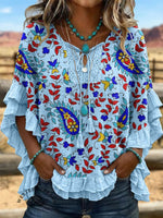 Vintage ArtPatchwork Hollow Design Cotton And Linen Shirt