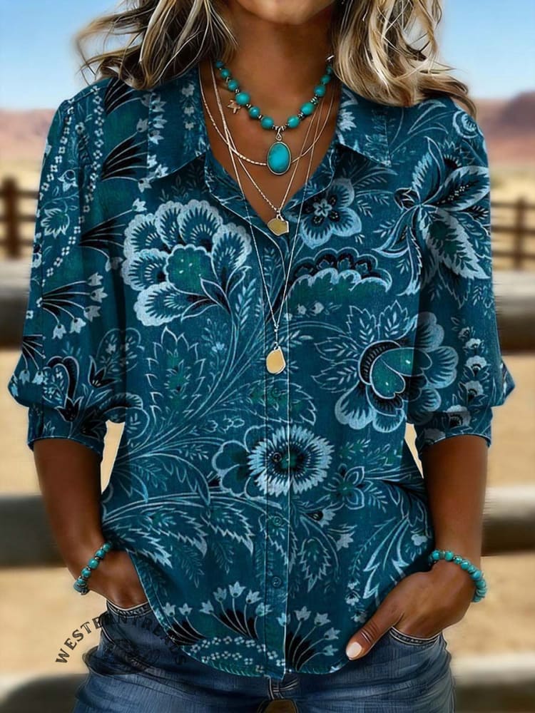 Vintage Floral Prints Casual Cotton Shirt