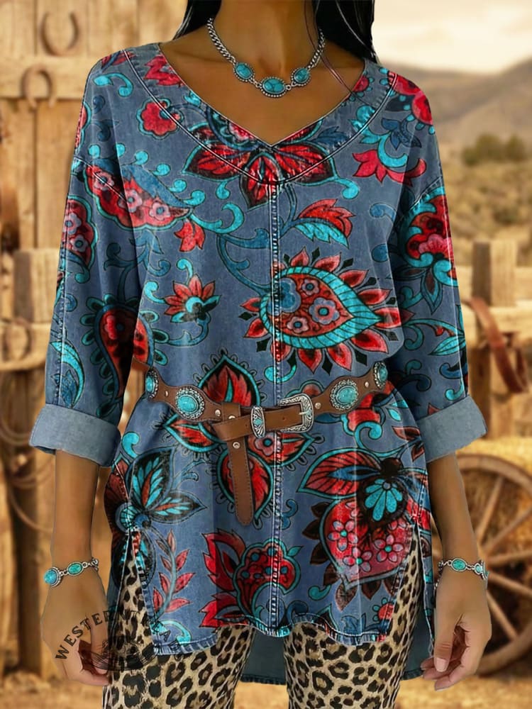 Vintage Elegant Denim Flowers Aztec Art Shirt